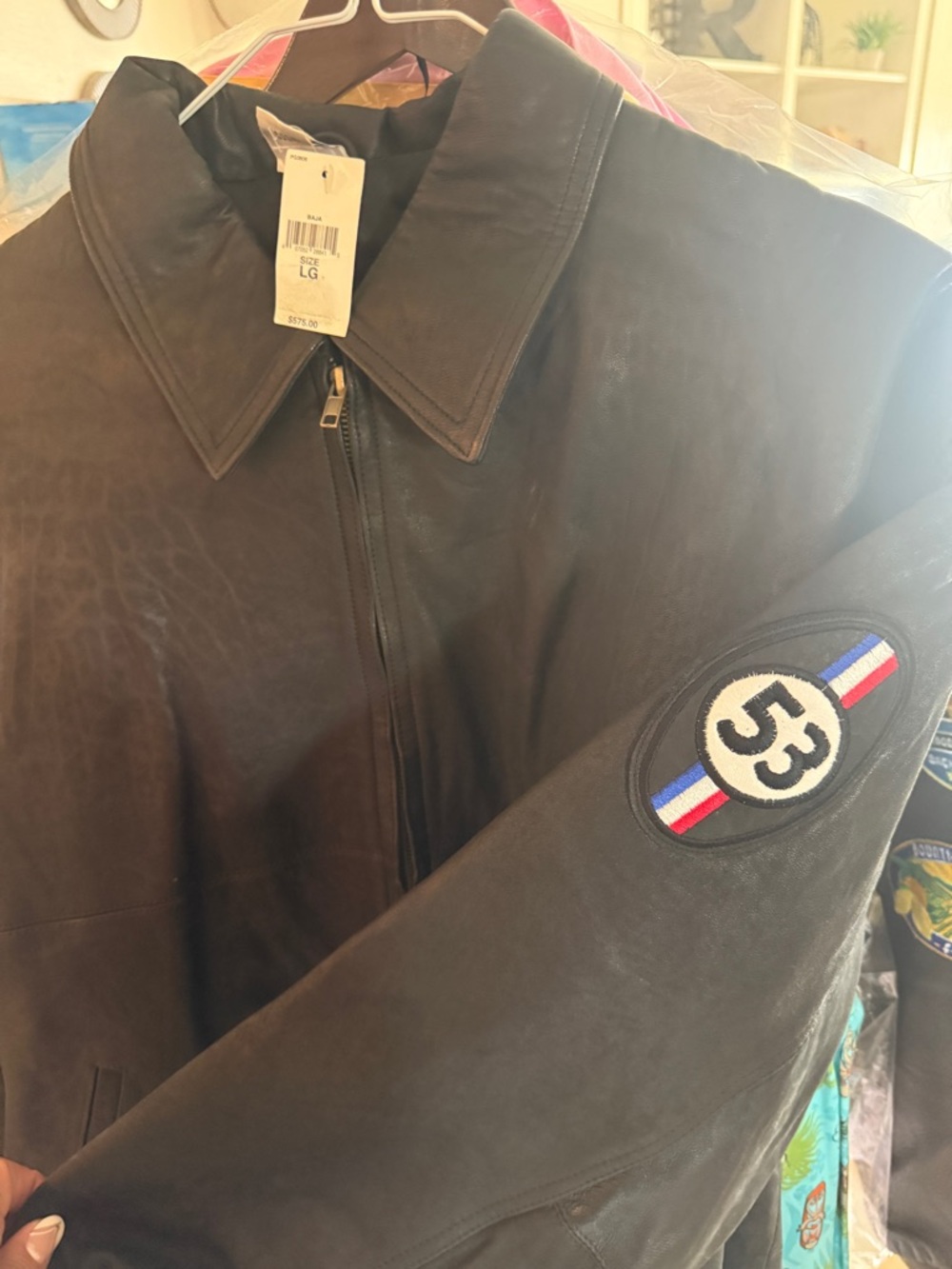 Disney Gallery Herbie Black Leather Bomber Jacket with '53' Sleeve Patch